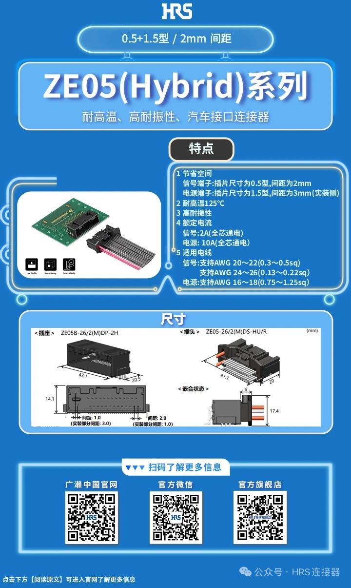 【產(chǎn)品推薦】耐高溫、高耐振性、汽車接口、電源信號混合型連接器ZE05系列